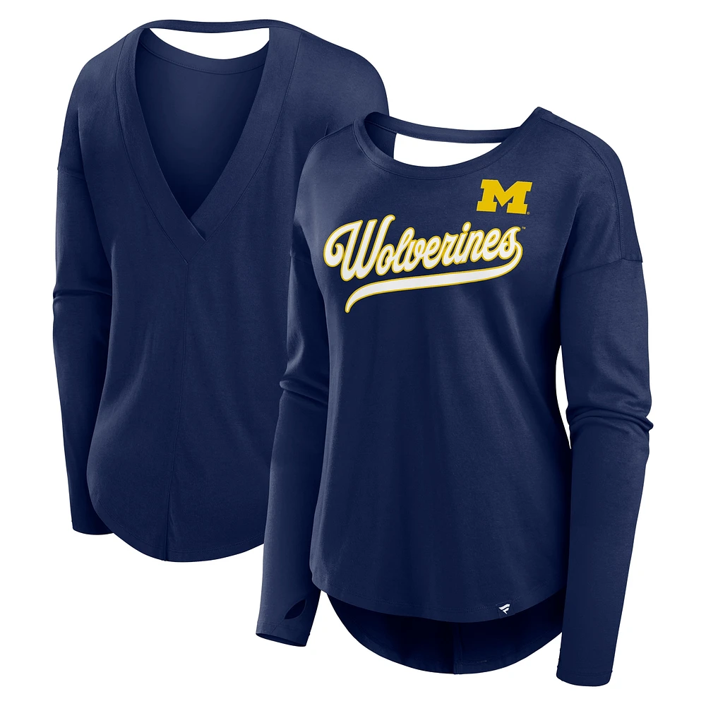 Women's Fanatics Navy Michigan Wolverines Training Camp Core Long Sleeve V-Neck Fashion T-Shirt