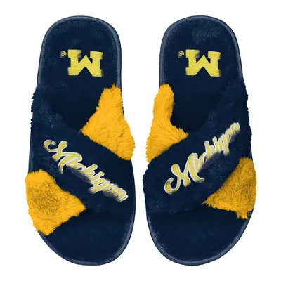 Michigan Wolverines FOCO Women's Two-Tone Crossover Faux Fur Slide Slippers - Navy