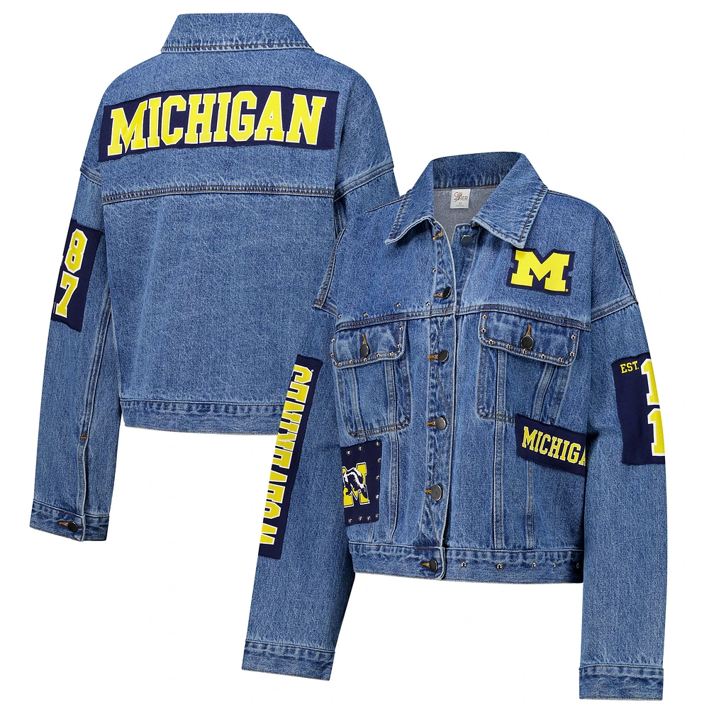 Veste en jean G-III 4Her pour femme de Carl Banks avec patchs et clous match Michigan Wolverines