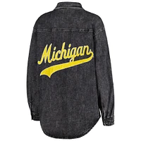 Veste en jean surdimensionnée boutonnée à trois mélanges multi-coups Gameday Couture Charcoal Michigan Wolverines pour femmes