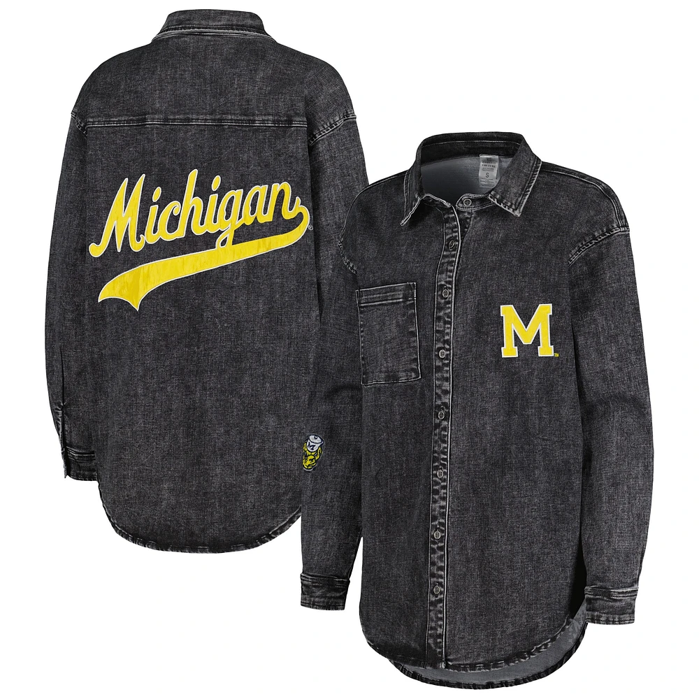 Women's Gameday Couture Charcoal Michigan Wolverines Multi-Hit Tri-Blend Oversized Button-Up Denim Jacket