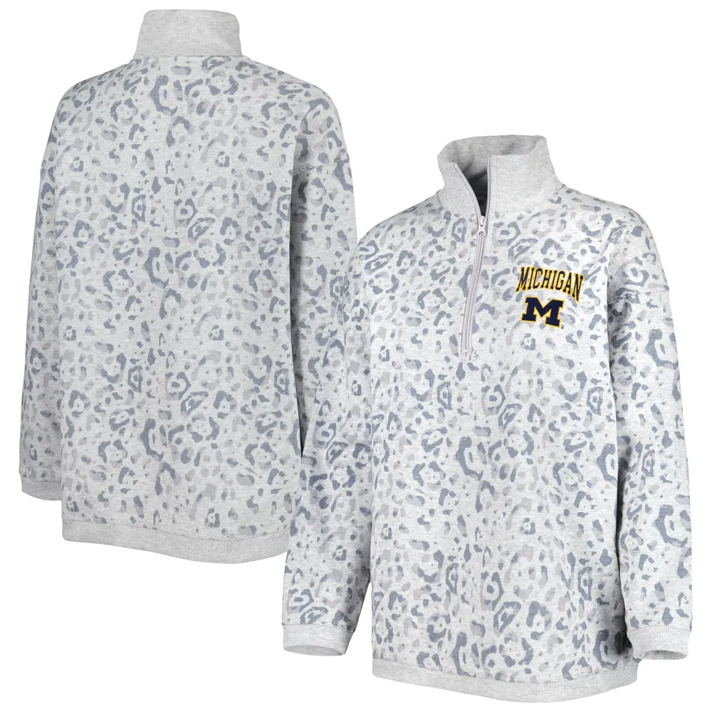 Sweat-shirt léopard à quart de zip Gameday Couture pour femmes, gris chiné, Michigan Wolverines