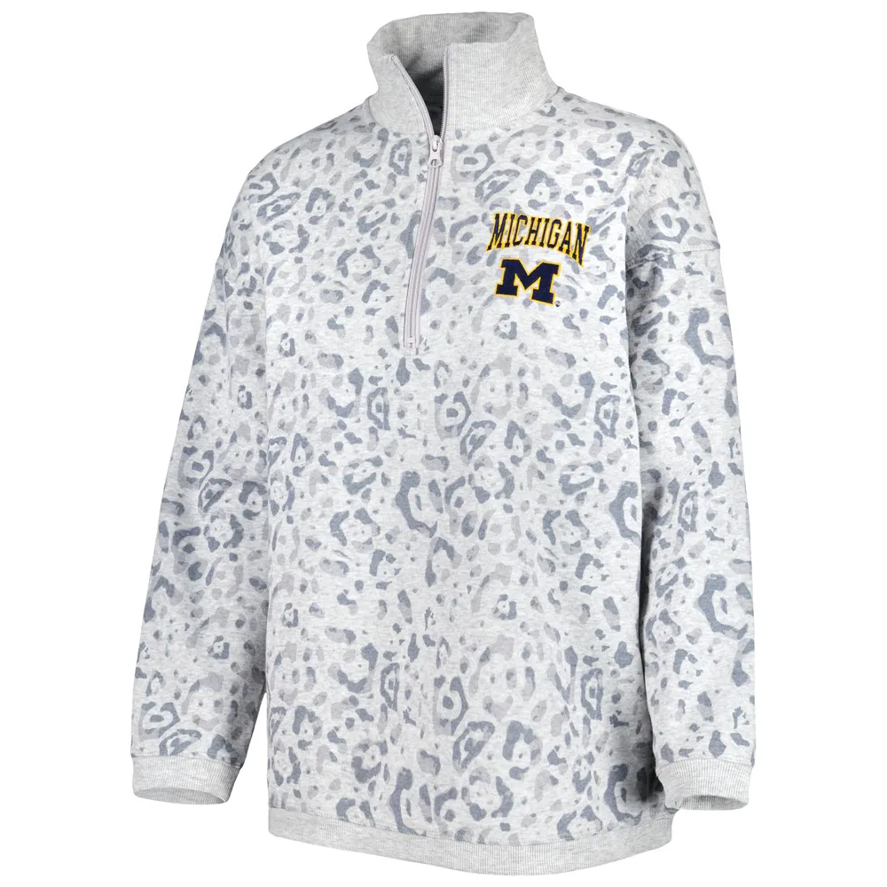 Sweat-shirt léopard à quart de zip Gameday Couture pour femmes, gris chiné, Michigan Wolverines