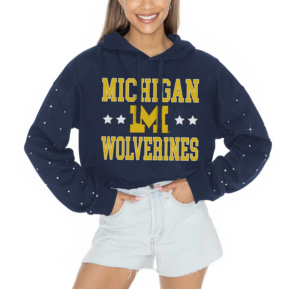 Women's Gameday Couture Navy Michigan Wolverines Can't Lose Rhinestone Cropped Pullover Hoodie