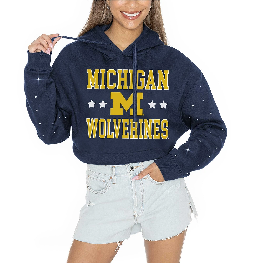 Women's Gameday Couture Navy Michigan Wolverines Can't Lose Rhinestone Cropped Pullover Hoodie