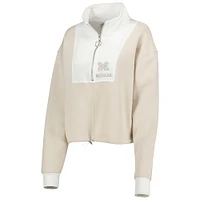 Veste à quart de zip blocs couleurs Gameday Couture pour femmes, beige/blanc, Michigan Wolverines