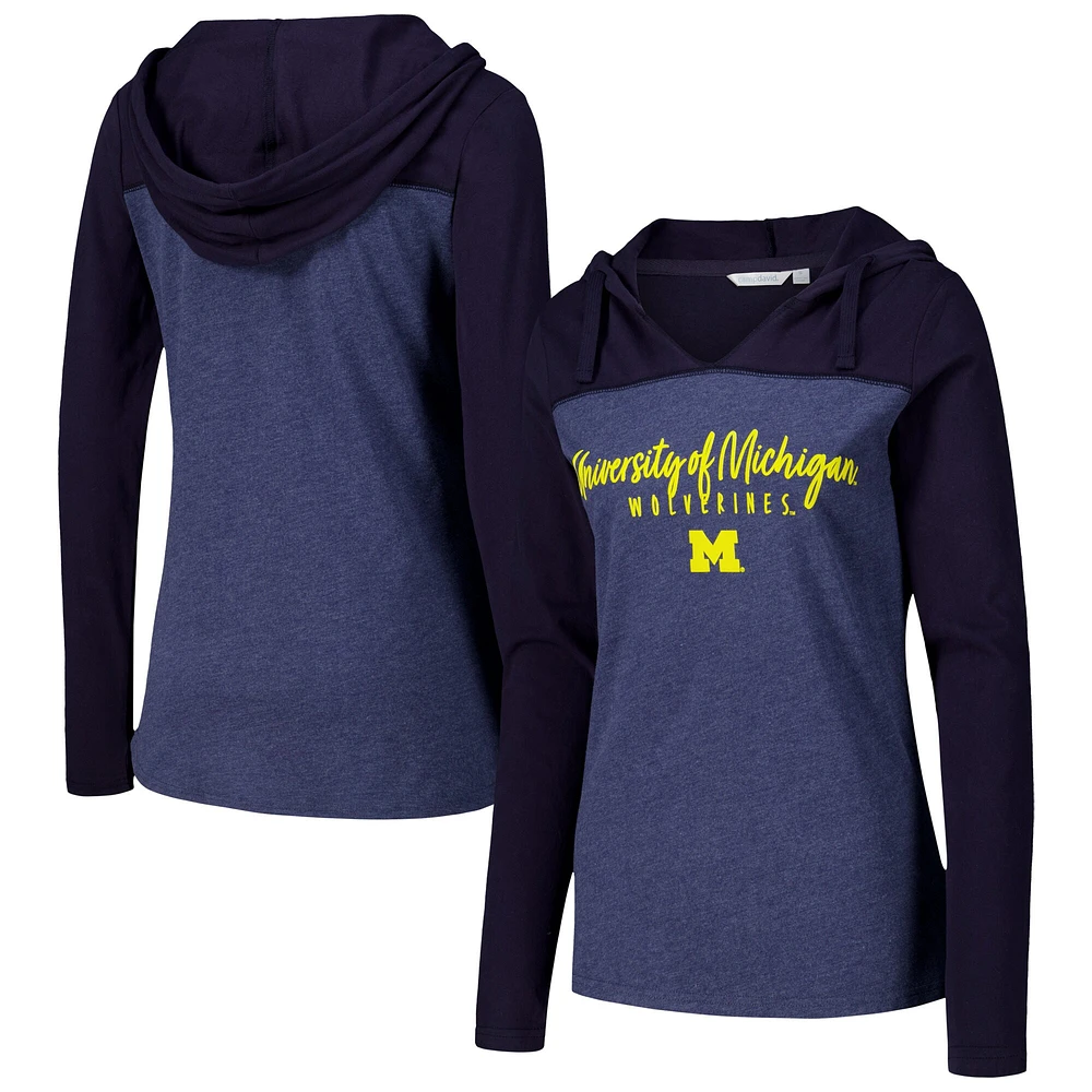 T-shirt à capuche manches longues et col en V pour femmes, bleu marine chiné, Michigan Wolverines Knockout