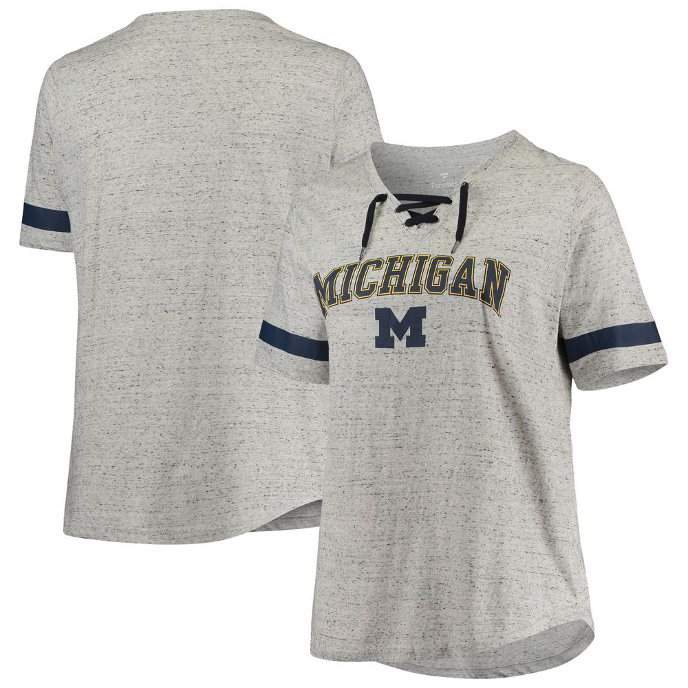 Women's Heathered Gray/Navy Michigan Wolverines Plus Lace-Up V-Neck T-Shirt