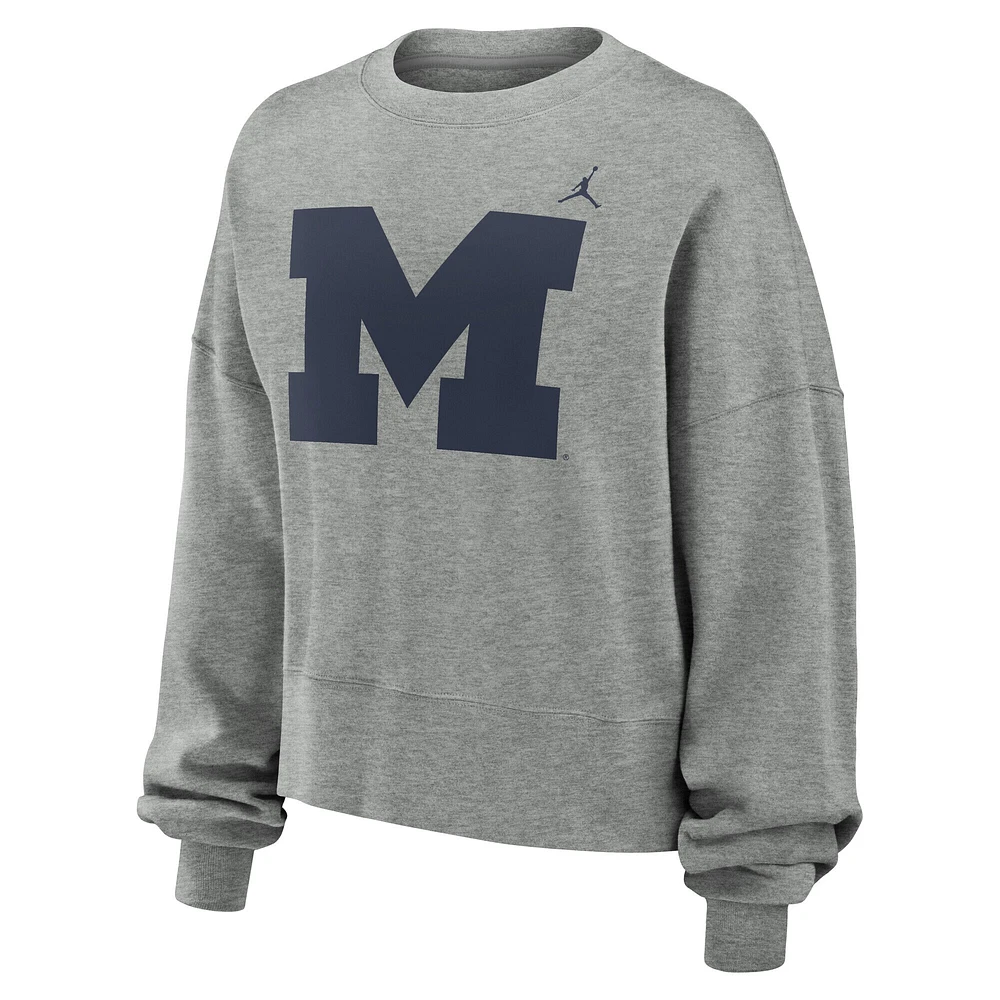 Women's Jordan Brand Heather Gray Michigan Wolverines Essential Fleece Oversized Logo Pullover Sweatshirt