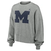 Women's Jordan Brand Heather Gray Michigan Wolverines Essential Fleece Oversized Logo Pullover Sweatshirt