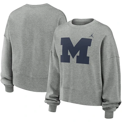 Women's Jordan Brand Heather Gray Michigan Wolverines Essential Fleece Oversized Logo Pullover Sweatshirt