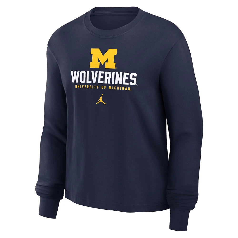 T-shirt carré à manches longues Jordan Brand pour femme, bleu marine, Michigan Wolverines Primetime University