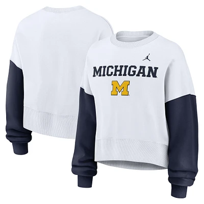 Women's Jordan Brand White Michigan Wolverines Color-Block Oversized Cropped Pullover Sweatshirt