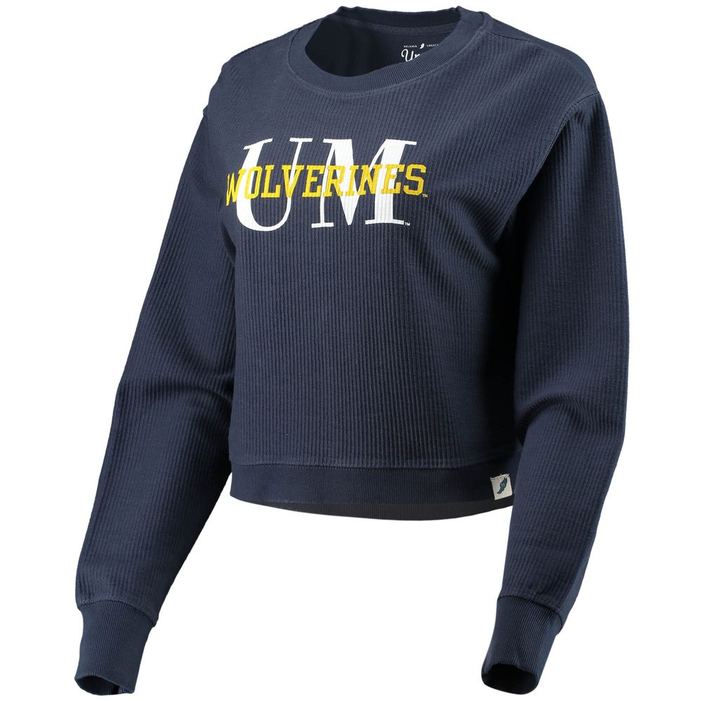 Women's League Collegiate Wear Navy Michigan Wolverines Classic Corded Timber Crop Pullover Sweatshirt