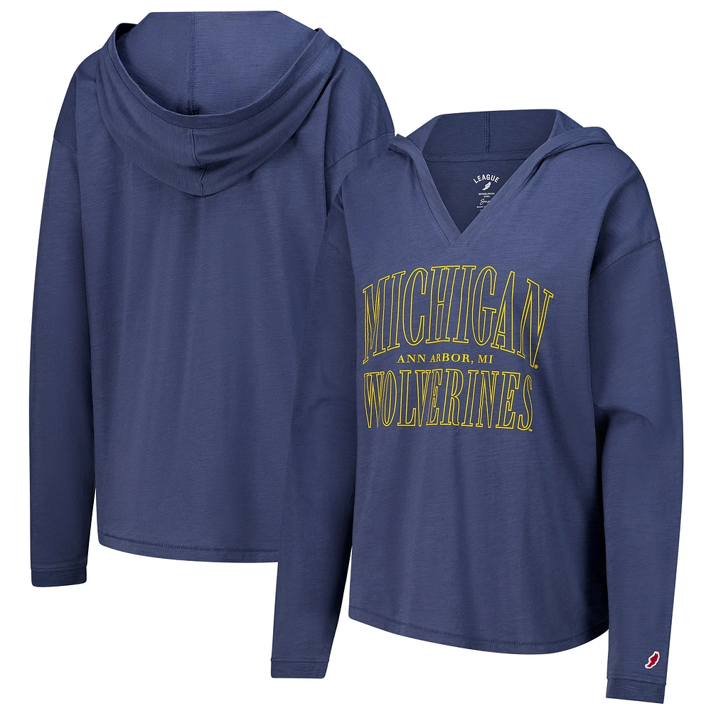 Women's League Collegiate Wear Navy Michigan Wolverines Slub Long Sleeve V-Neck Hoodie T-Shirt