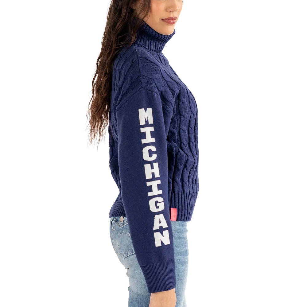 Pull à col roulé en maille torsadée Sylvie pour femme des Michigan Wolverines de Lusso Navy