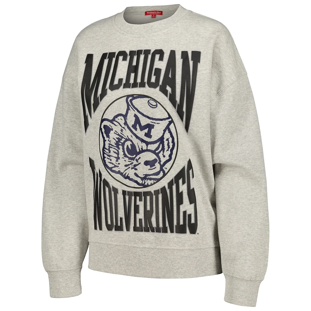 Women's Mitchell & Ness Heather Gray Michigan Wolverines Oversized Logo Lightweight Pullover Sweatshirt