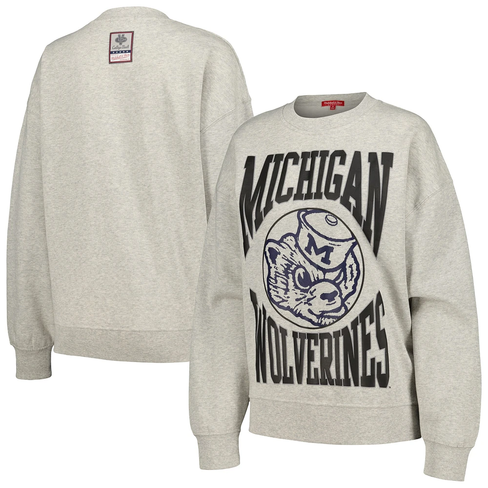 Sweat-shirt léger avec logo surdimensionné pour femmes, gris chiné, Michigan Wolverines, Mitchell & Ness