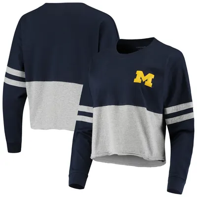 Michigan Wolverines Women's Cropped Retro Jersey Long Sleeve T-Shirt - Navy/Heathered Gray