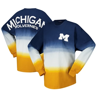 Women's Navy Michigan Wolverines Ombre Long Sleeve Dip-Dyed Spirit Jersey