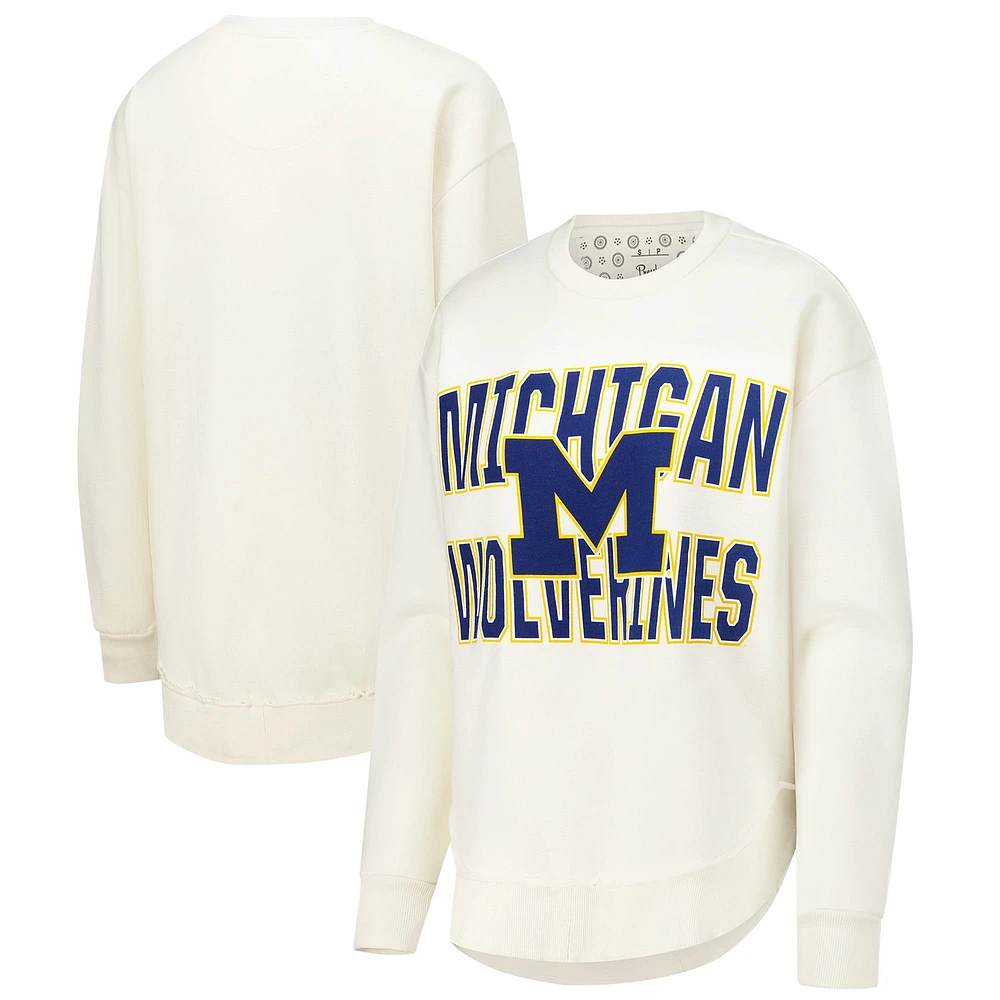 Women's Pressbox  Cream Michigan Wolverines Poncho Fleece Crew Sweatshirt