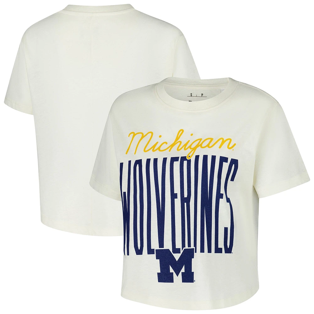 T-shirt court pour femme Pressbox crème Michigan Wolverines Sanibel Knobi