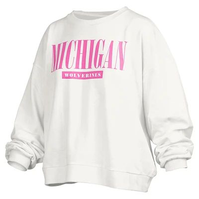 Women's Pressbox White Michigan Wolverines Sutton Janise Waist Length Oversized Pullover Sweatshirt