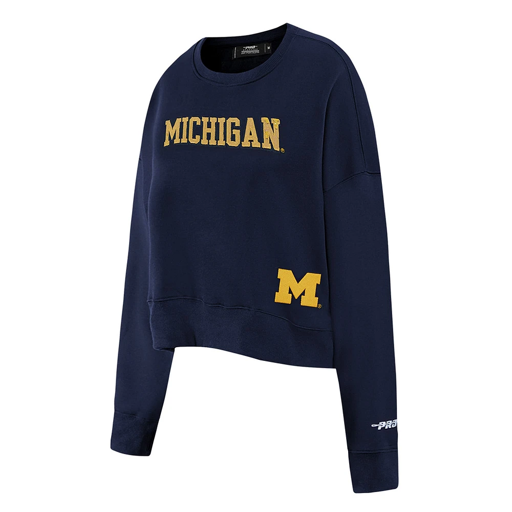 Women's Pro Standard Navy Michigan Wolverines Sequin Boxy Cropped Pullover Sweatshirt