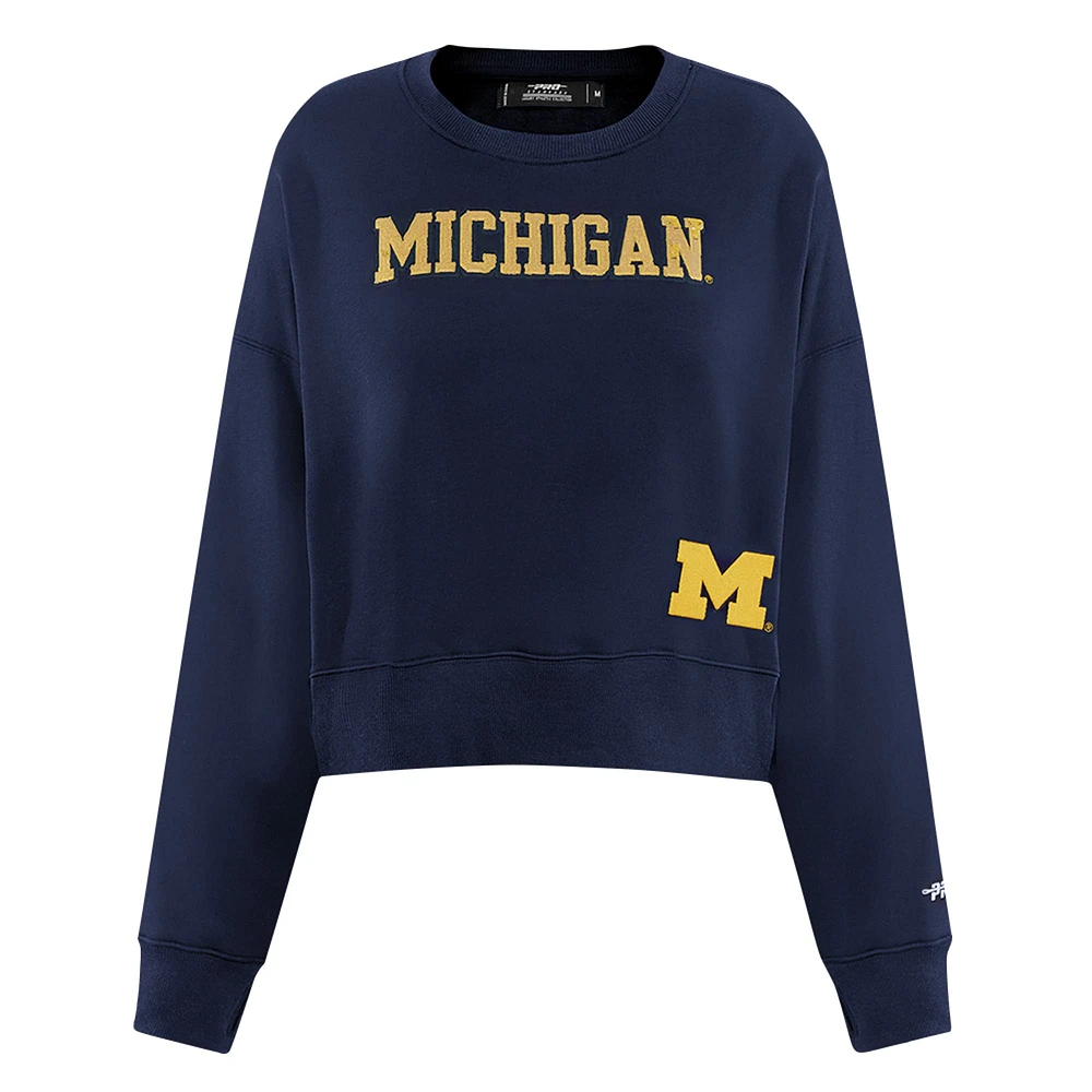 Women's Pro Standard Navy Michigan Wolverines Sequin Boxy Cropped Pullover Sweatshirt