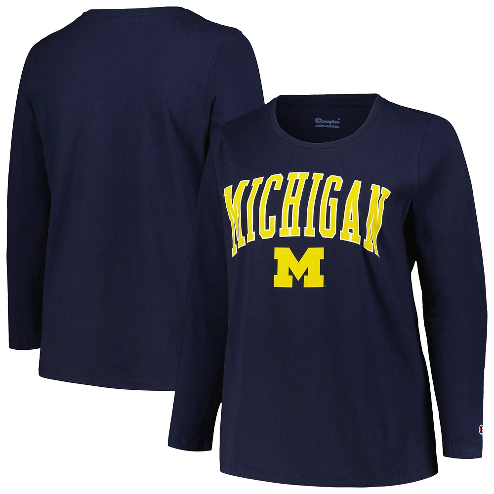 Women's Profile Navy Michigan Wolverines Plus Arch Over Logo Scoop Neck Long Sleeve T-Shirt