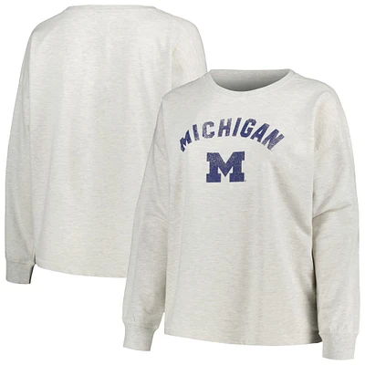 Women's Profile Oatmeal Michigan Wolverines Plus Distressed Arch Over Logo Neutral Boxy Pullover Sweatshirt