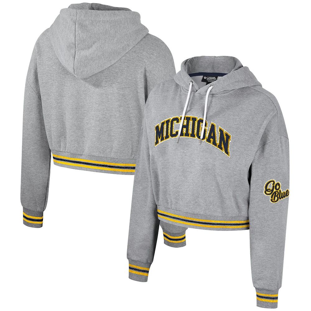 Women's The Wild Collective Heather Gray Michigan Wolverines Cropped Shimmer Pullover Hoodie