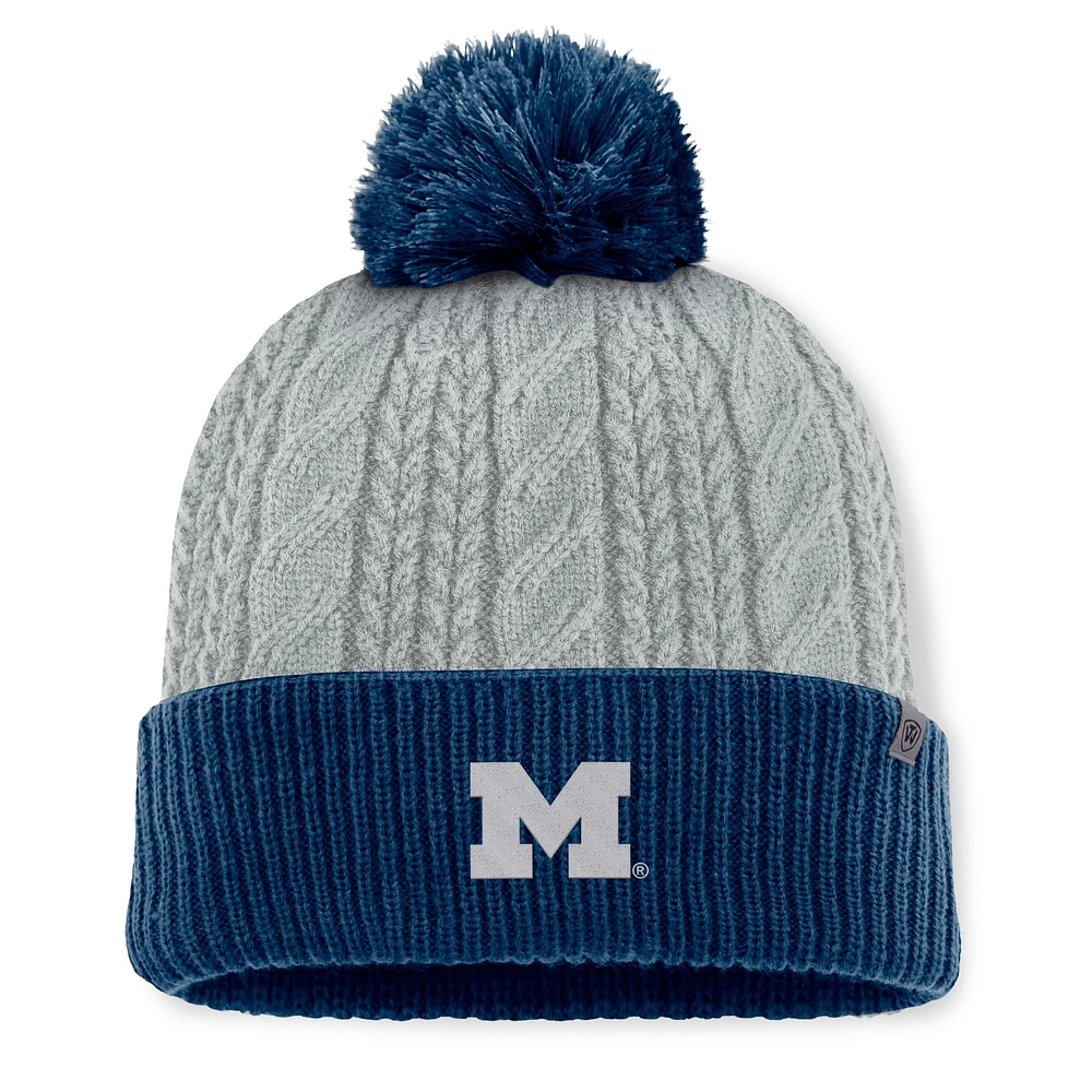 Bonnet en tricot à revers avec pompon Becca des Michigan Wolverines pour femme Top of the World gris/bleu marine