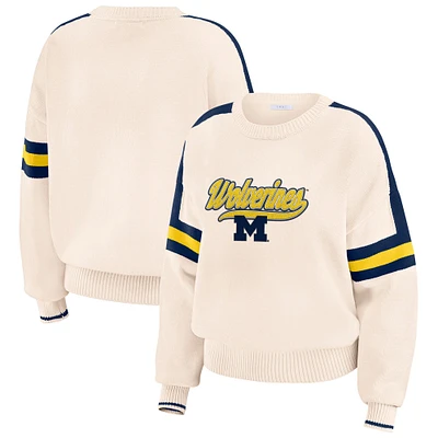 Women's WEAR by Erin Andrews  Cream Michigan Wolverines Chenille Woven Patch Stripe Pullover Sweater