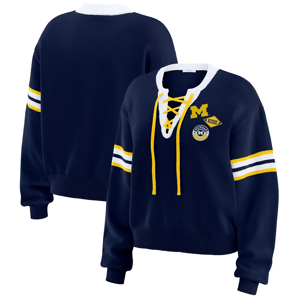 Women's WEAR by Erin Andrews Navy Michigan Wolverines Lace-Up Pullover Sweater