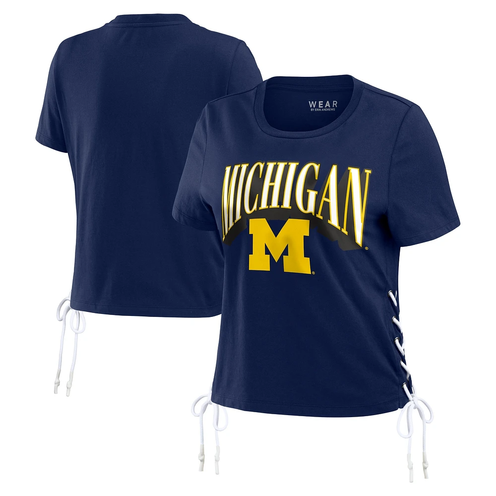 T-shirt court modeste à lacets sur le côté WEAR by Erin Andrews pour femmes, bleu marine, Michigan Wolverines