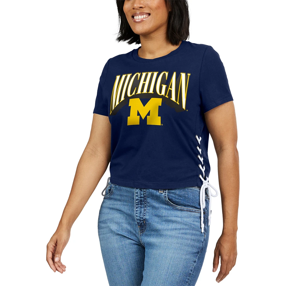 Women's WEAR by Erin Andrews Navy Michigan Wolverines Side Lace-Up Modest Crop T-Shirt