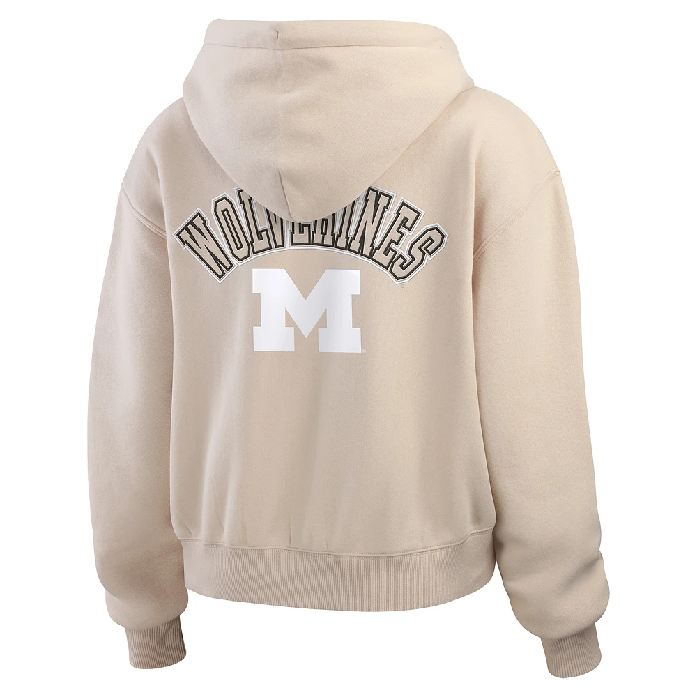 Women's WEAR by Erin Andrews Tan Michigan Wolverines Mixed Media Tonal Full-Zip Hoodie