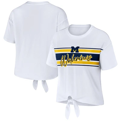 Women's WEAR by Erin Andrews White Michigan Wolverines Striped Front Knot Cropped T-Shirt