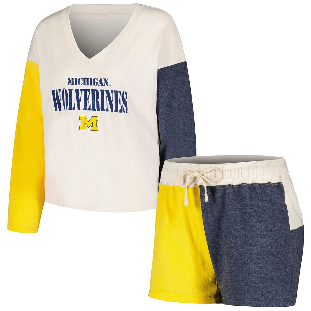 Wes & Willy Cream Michigan Wolverines T-shirt et short à manches longues col en V trois mélanges pour femme