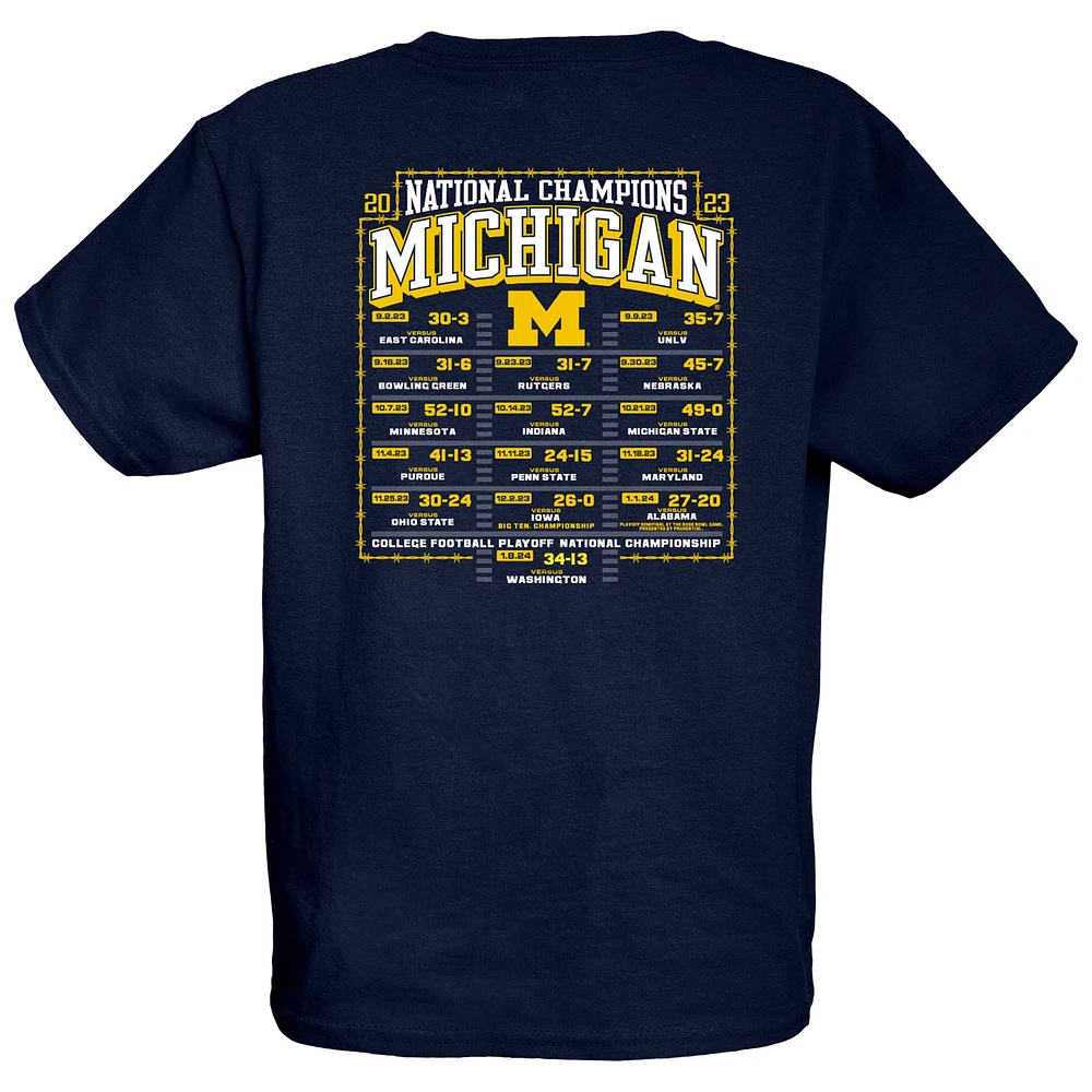 Youth Blue 84  Navy Michigan Wolverines College Football Playoff 2023 National Champions Gold Dust Schedule T-Shirt