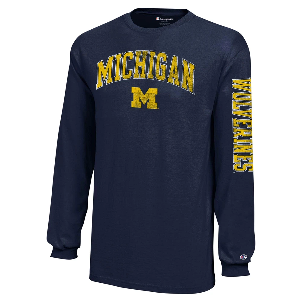 Youth Champion Navy Michigan Wolverines Distressed Arch Over Logo Long Sleeve T-Shirt