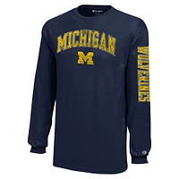 Youth Champion Navy Michigan Wolverines Distressed Arch Over Logo Long Sleeve T-Shirt