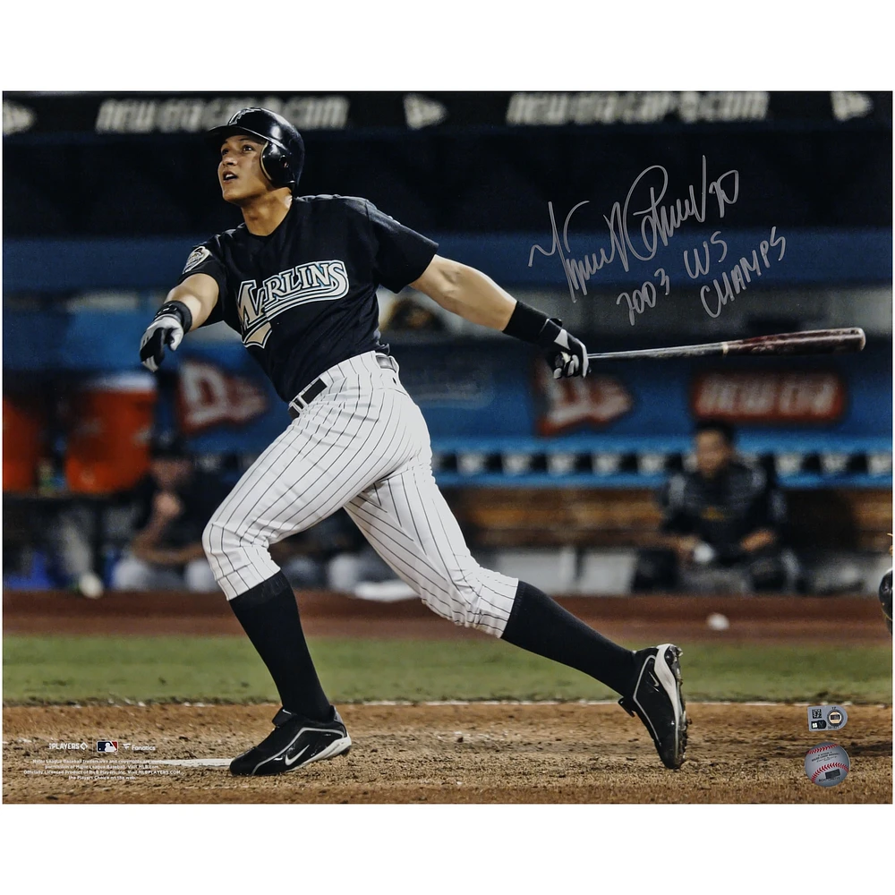 Miguel Cabrera Florida Marlins Autographed 16" x 20" 2003 World Series Hit Photograph with "2003 WS Champs" Inscription