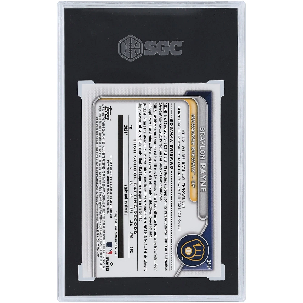 Braylon Payne Milwaukee Brewers Autographed 2024 Bowman Draft Chrome Prospect Autograph #CPA-BP SGC Authenticated 9.5/10 Card