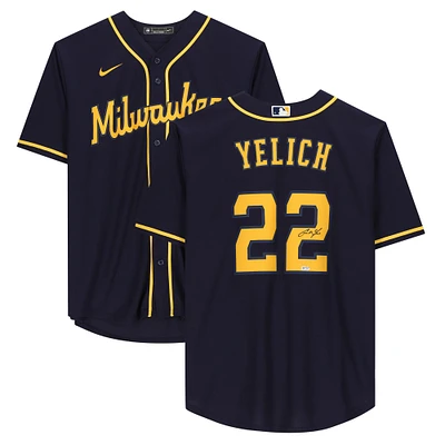 Maillot réplique Nike alternatif bleu autographié par Christian Yelich des Milwaukee Brewers