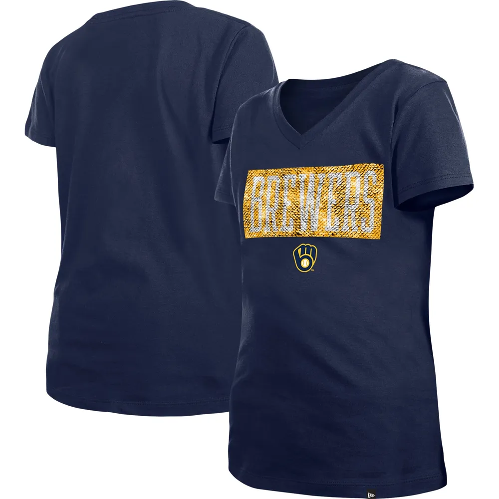 Lids Milwaukee Brewers New Era Girls Youth Flip Sequin Team V-Neck T-Shirt  - Navy