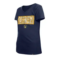 Girls Youth New Era Navy Milwaukee Brewers Flip Sequin Team V-Neck T-Shirt