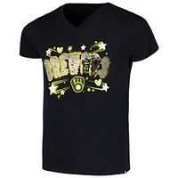 T-shirt à col en V paillettes New Era pour jeunes filles, bleu marine, Milwaukee Brewers