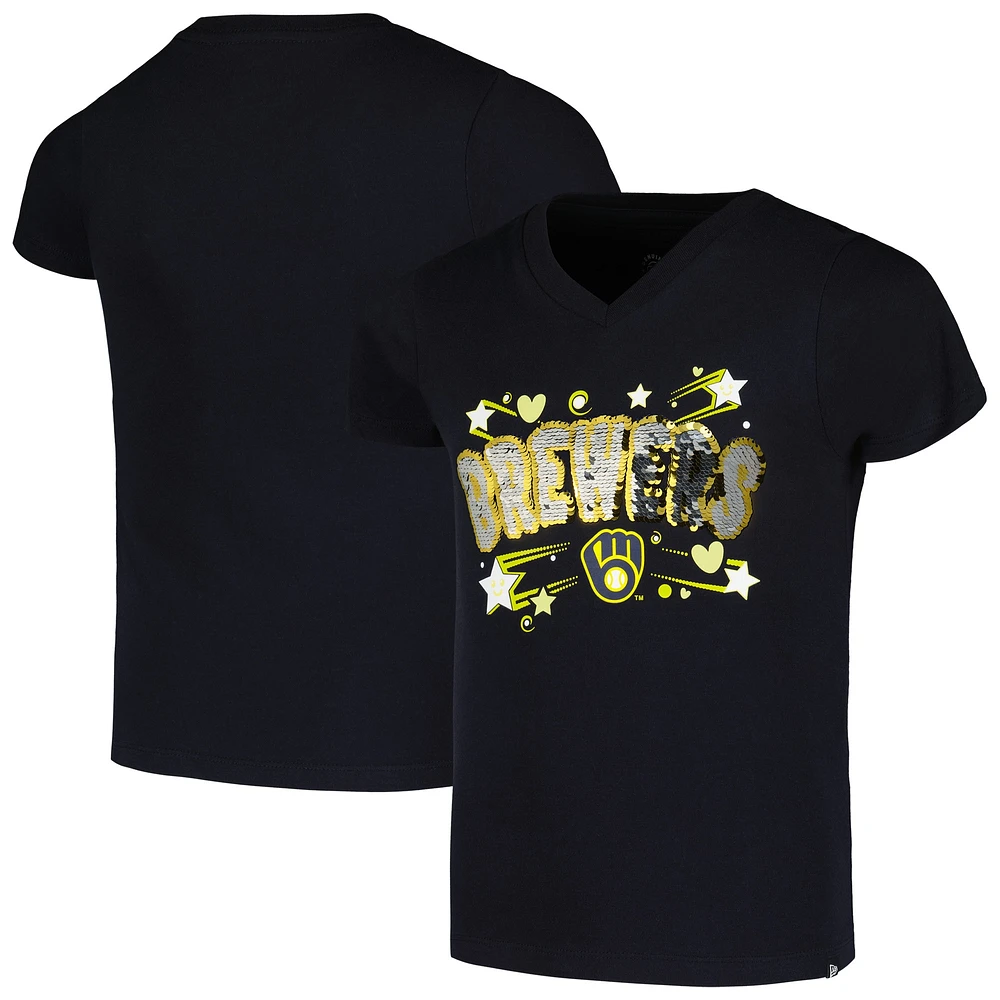 T-shirt à col en V paillettes New Era pour jeunes filles, bleu marine, Milwaukee Brewers